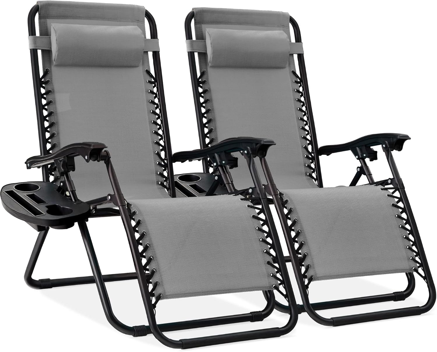 Best Choice Products Set of 2 Adjustable Steel Mesh Zero Gravity Lounge Chair Recliners w/Pillows and Cup Holder Trays - Beige