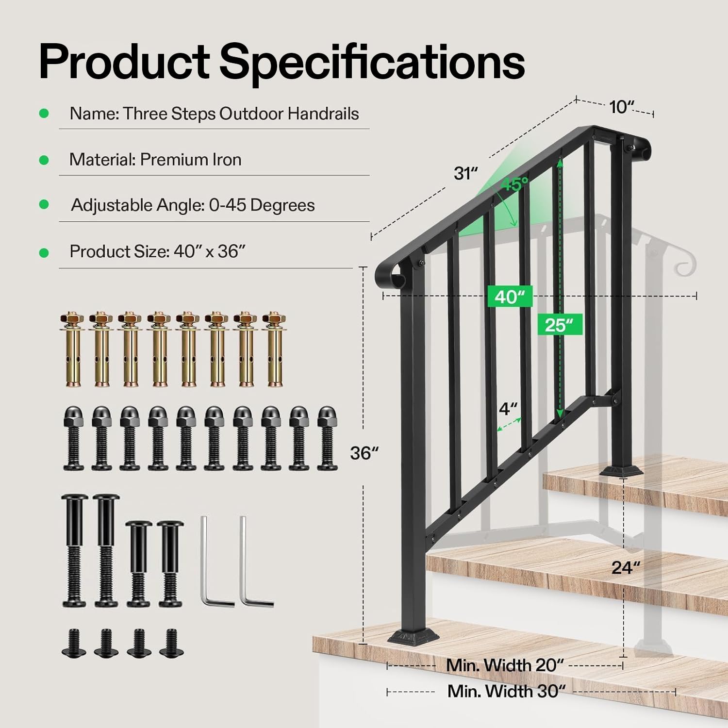VIVOSUN Outdoor Handrail - 3 Step Wrought Iron Railing