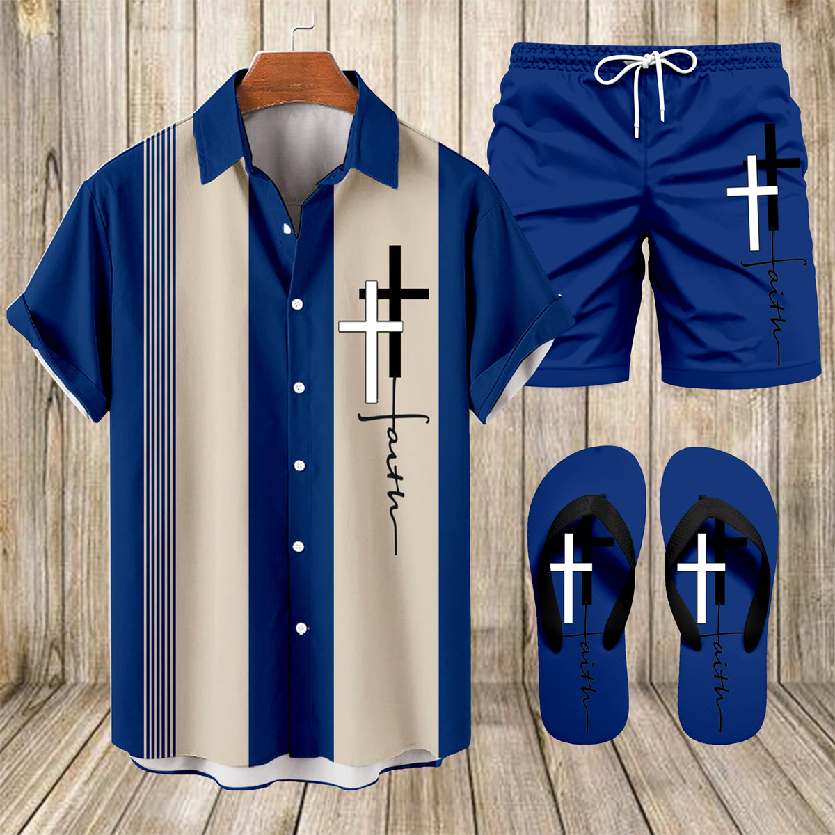 Suitmens Men's Hawaii Vacations Print Shirt Three-Piece Set 057
