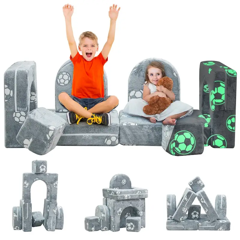 Mieres Modular Kids Sofa - Toddler Glow Couch with 2 Seats, Fold-Out Play Sofa for Children