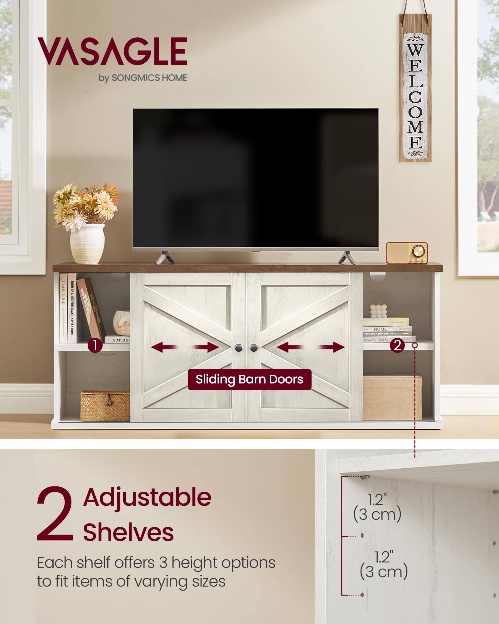 VASAGLE Farmhouse TV Stand for 65 TVs with Storage
