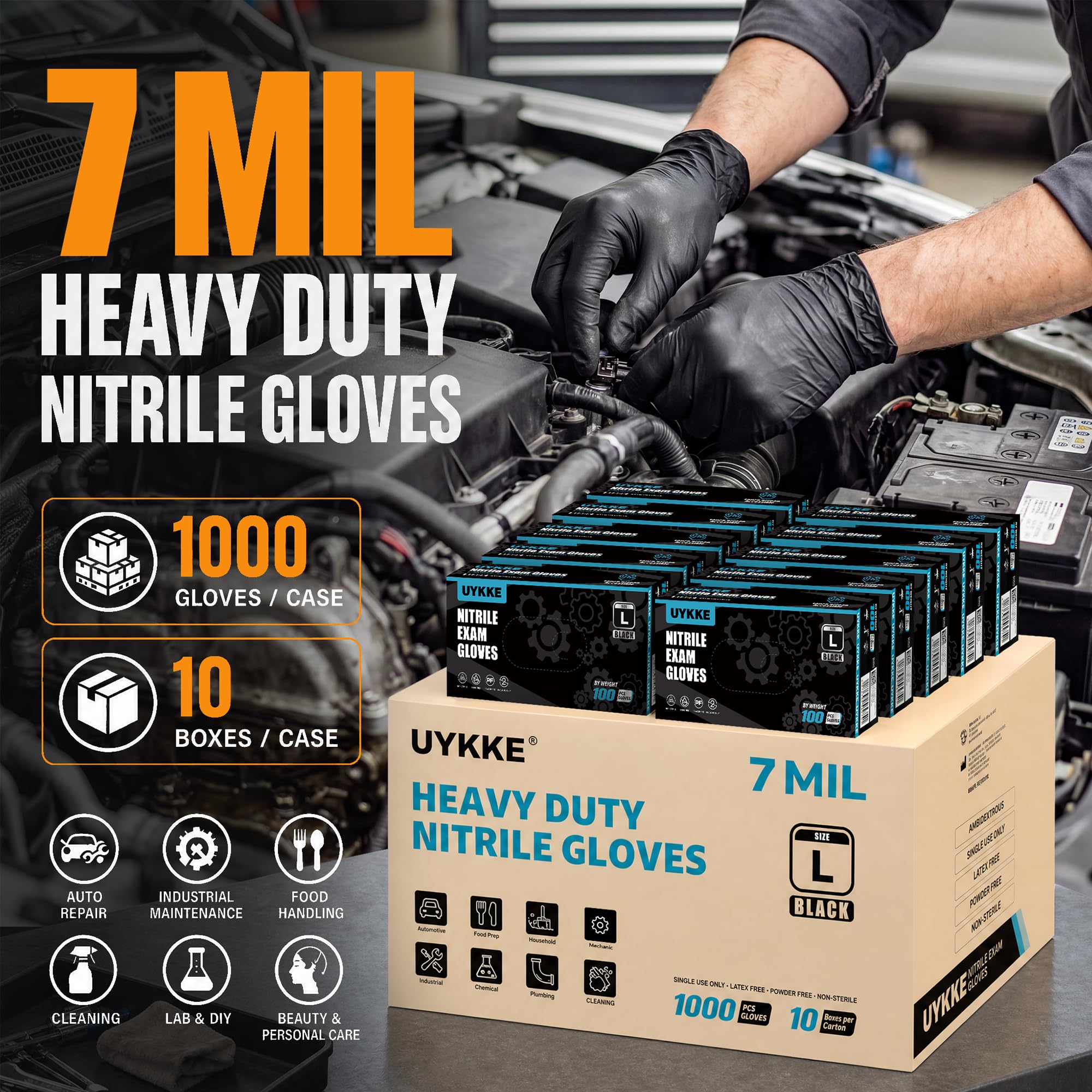 UYKKE Heavy Duty 7 Mil Nitrile Black Disposable Gloves