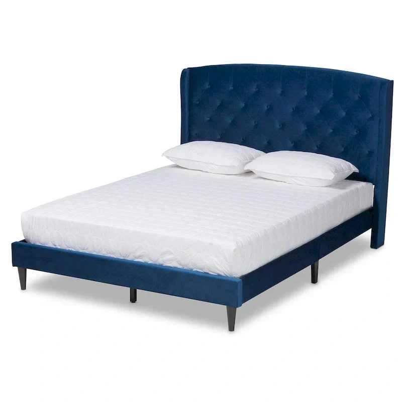 Joanna Modern Velvet Upholstered Platform Bed with Dark Brown Wood Finish