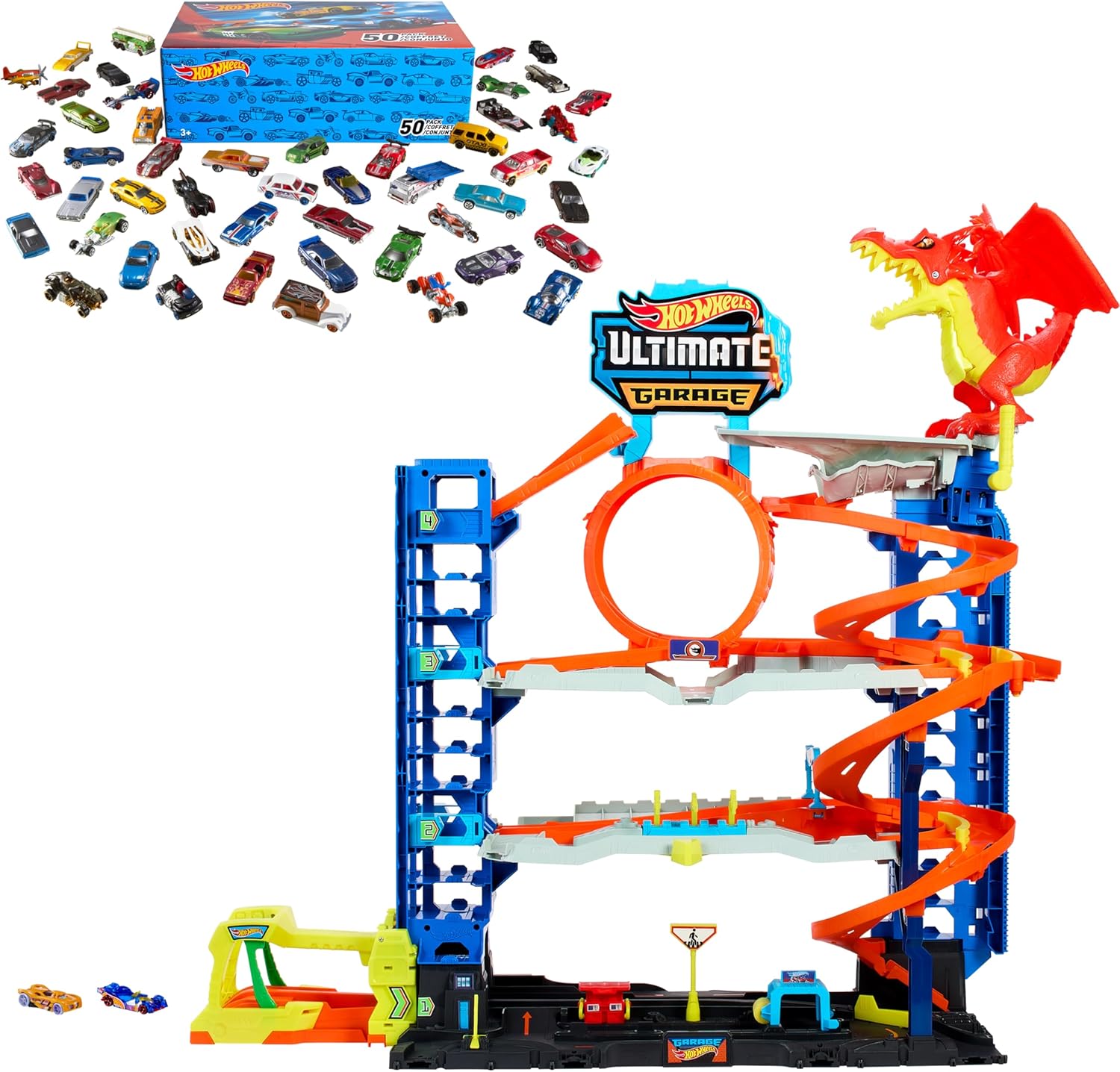 Hot Wheels City Ultimate Garage Playset with 2 Die-Cast Cars, Toy Storage for 50+ 1:64 Scale Cars, 4 Levels of Track Play + 50-Pack of 1:64 Scale Vehicles