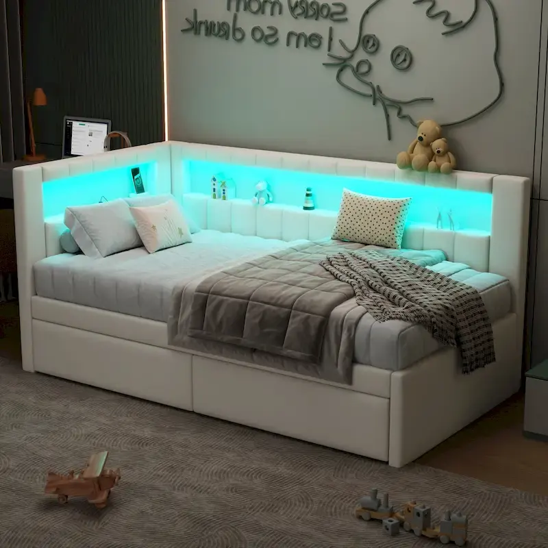 Modern Daybed with LED Lighting USB Ports and Trundle Bed