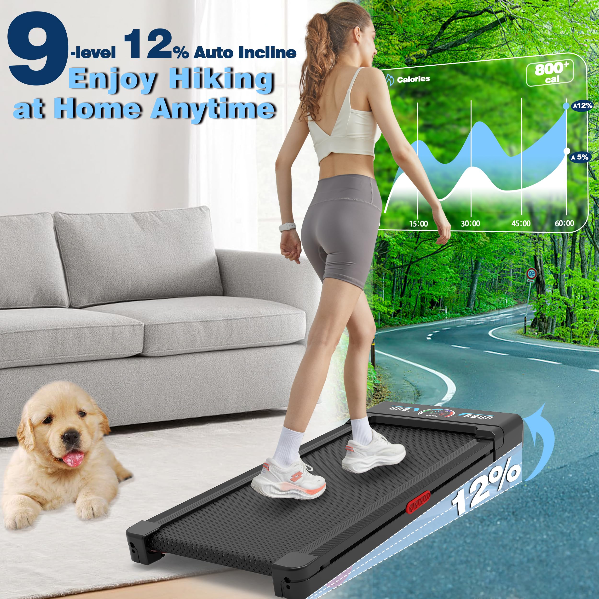 TRAILVIBER Walking Pad Treadmill with Auto Incline & Bluetooth