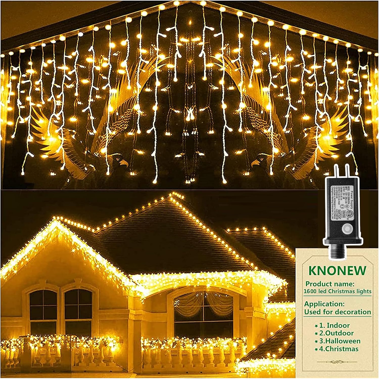 KNONEW 164FT 1600 LED Christmas Lights Outdoor Decoration with 320 Drops Timer 8 Modes Hanging String Lights, Plug in Waterproof Indoor Decor for Holiday Wedding Party Window (Warm White)