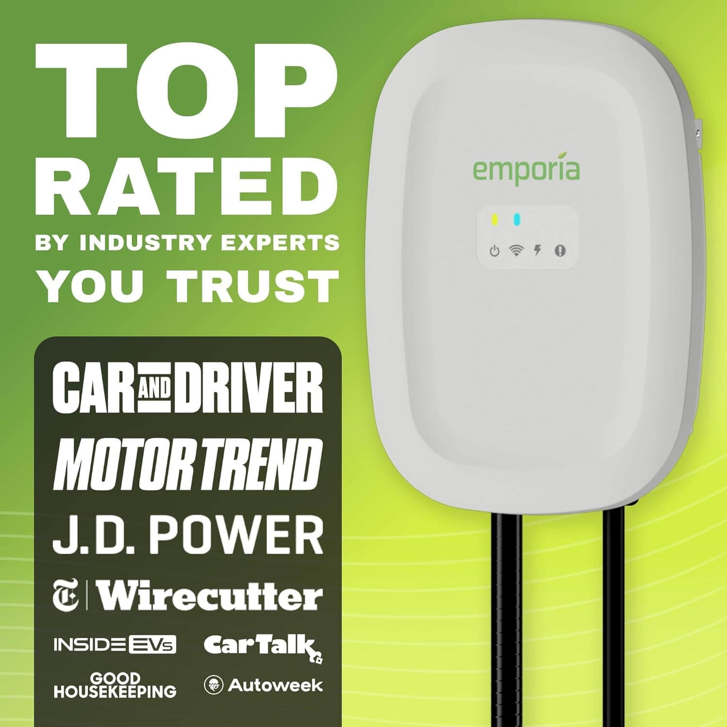 EMPORIA Level 2 EV Charger w/ J1772 Connector — 48 Amp, 240V WiFi Enabled Electric Vehicle Charging Station, 25ft Cable, Hardwired with Whip, Black