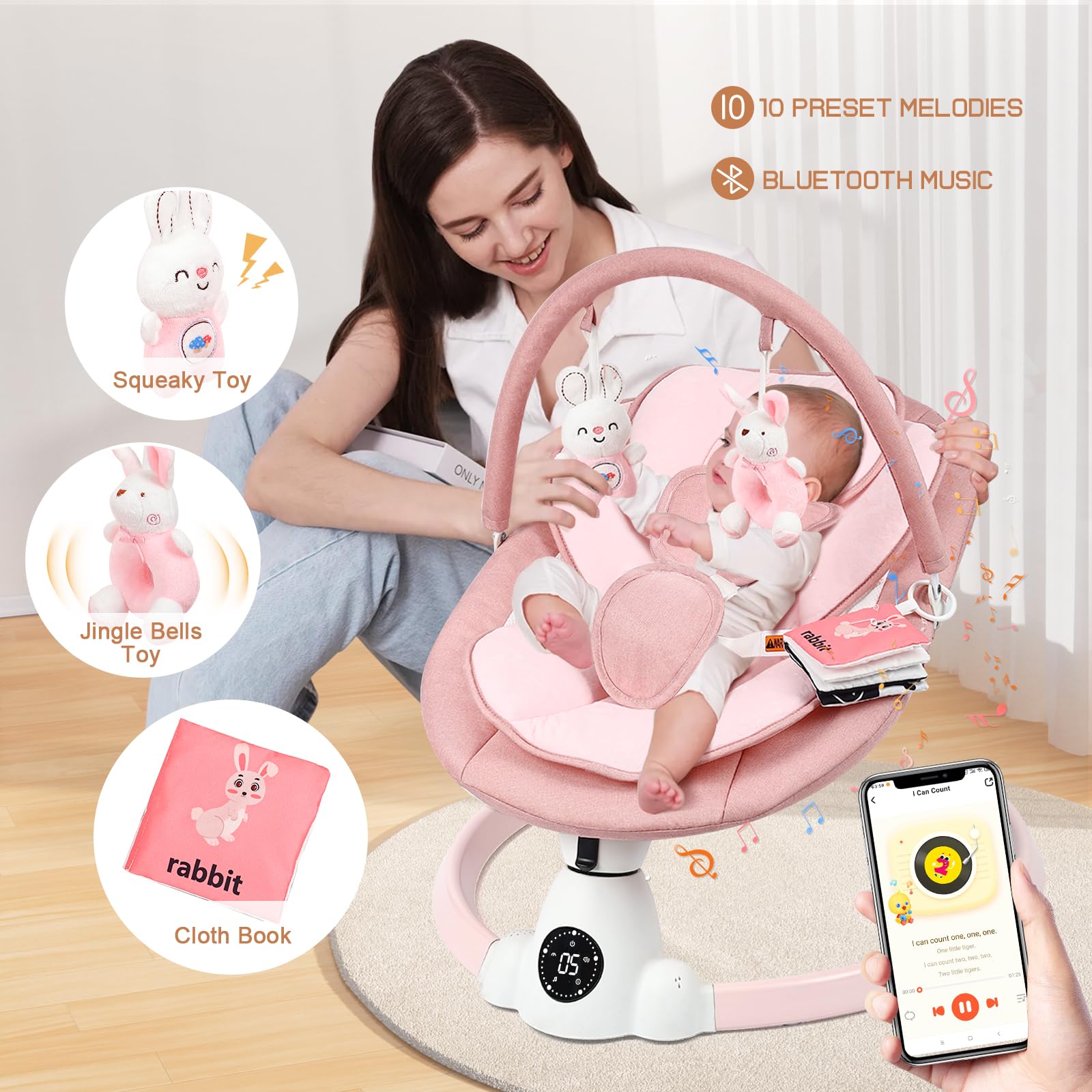 UUOEEBB Portable Electric Baby Swing with Bluetooth - Pink