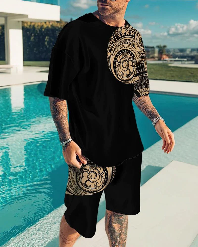 Men's Vintage Print Short Sleeve Two-Piece Set