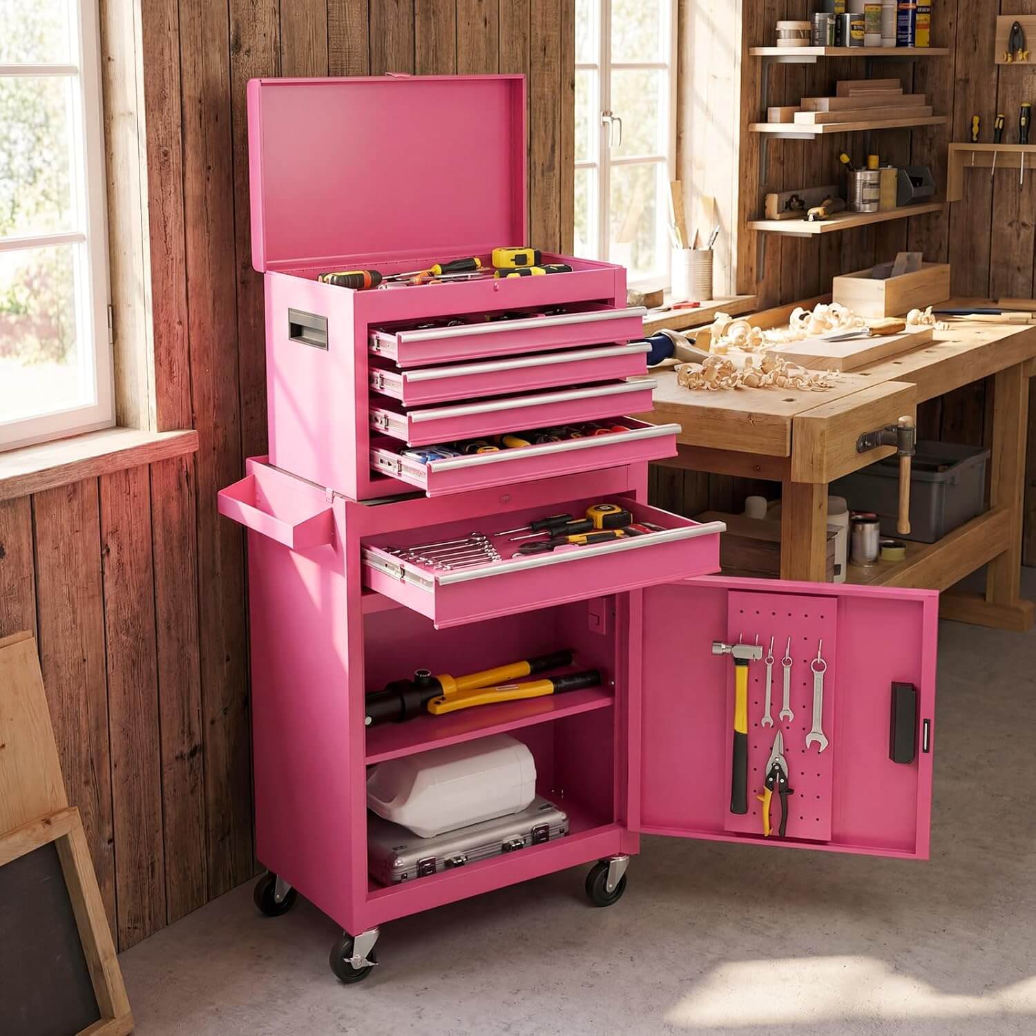 Goplus Tool Chest, 3-in-1 Rolling 6 Drawers Tool Cabinet with Detachable Top Toolbox, Middle Tool Storage, Universal Lockable Wheels, Protective Liner, Auto Lock, Metal Tool Box for Garage Workshop