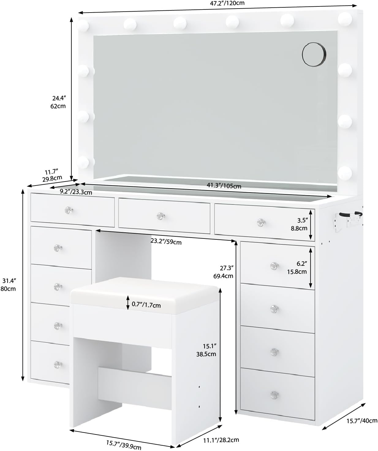 YANOSAKU Vanity Desk with Mirror, LED Lights & 11 Drawers