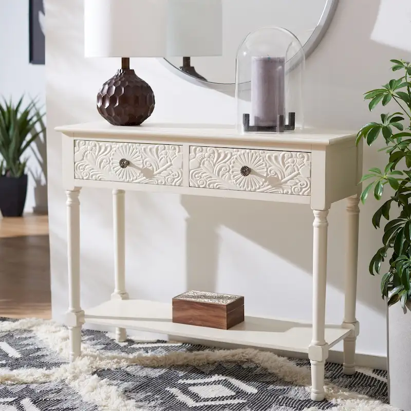 Carved Console Table with Drawers and Shelf