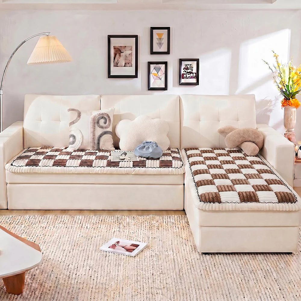 Cream-colored Large Plaid Square Fuzzy Pet Dog Mat Bed Sectional Couch Cover