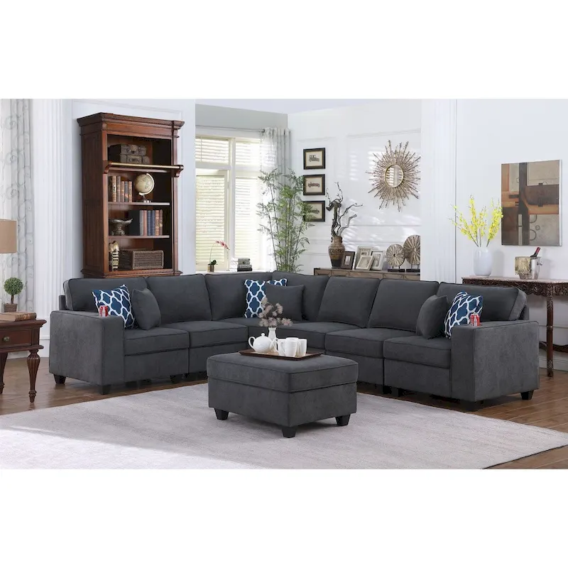 Modular Sectional Sofa with Ottoman Cupholders and Throw Pillows
