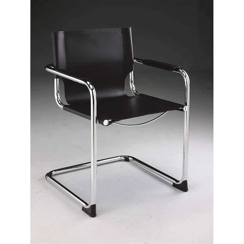 Set of 2 Black Leather Dining Chairs with Chrome Frames