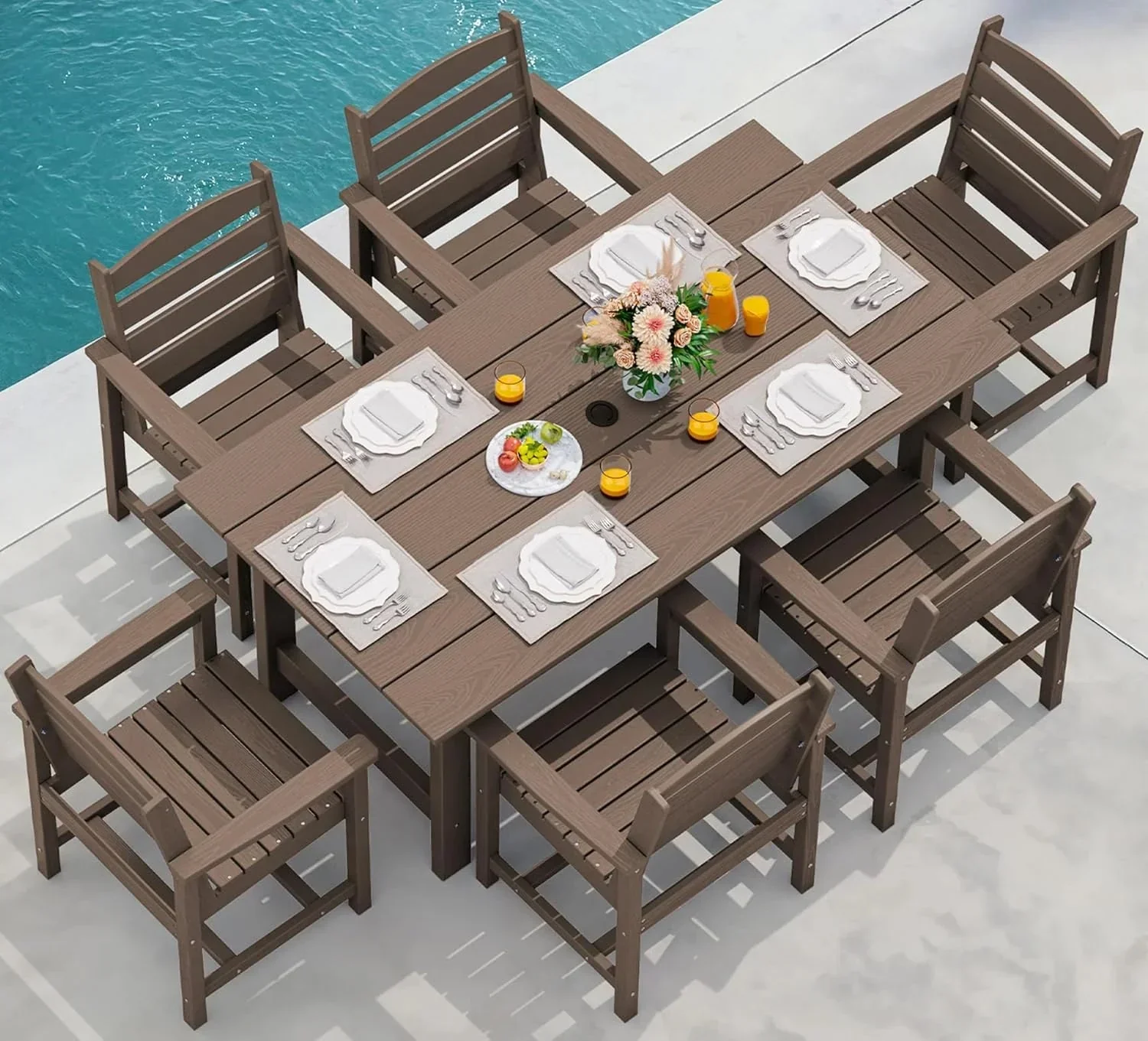 SERWALL 7-Piece Patio Table Set, Outdoor HDPE Dining Furniture with Umbrella Hole, All Weather Table and Chairs for Lawn, Garden, Poolside, Aruba