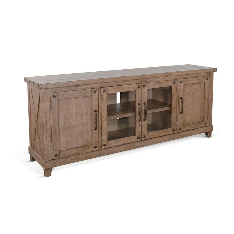 Anva 74-Inch TV Media Console with Shelves and Doors in Light Brown Mahogany