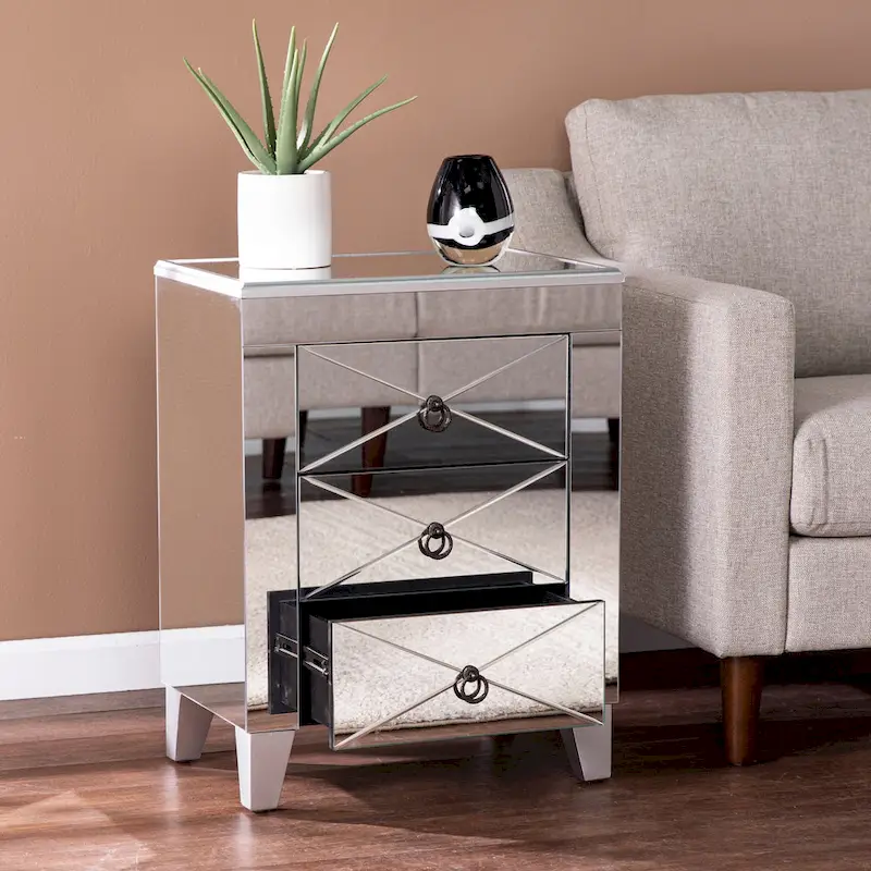 SEI Furniture Churchill Mid-Century Modern Mirrored Side Table with Storage Compartment