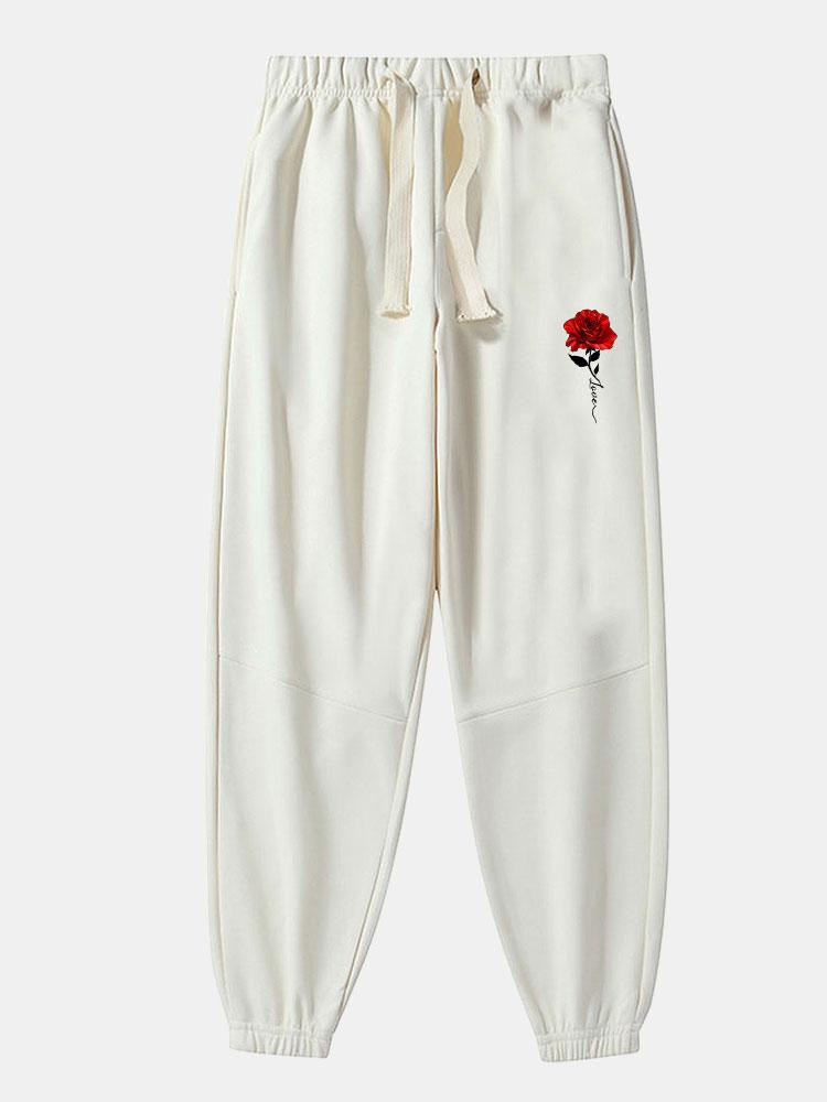 Rose Print Cotton Blend Jogger Pants