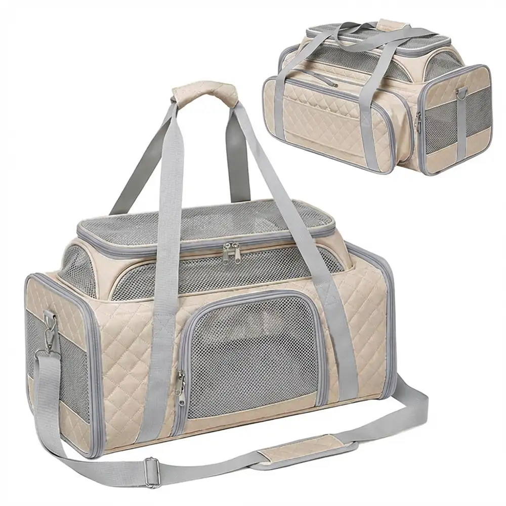 Classic Diamond Pattern Portable Cat Carrier Large-Capacity Expandable Pet Carrier Bag