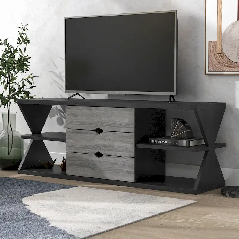 Ayala 60-Inch Modern Black and Distressed Grey TV Console with 4 Shelves and 3 Drawers