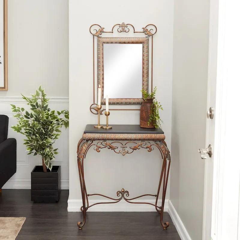 Set of 2 Bronze Metal Leaf Console Tables with Mirrors and Scrolled Legs - Roche River Decor - Dimensions: 1W x 23L x 32H