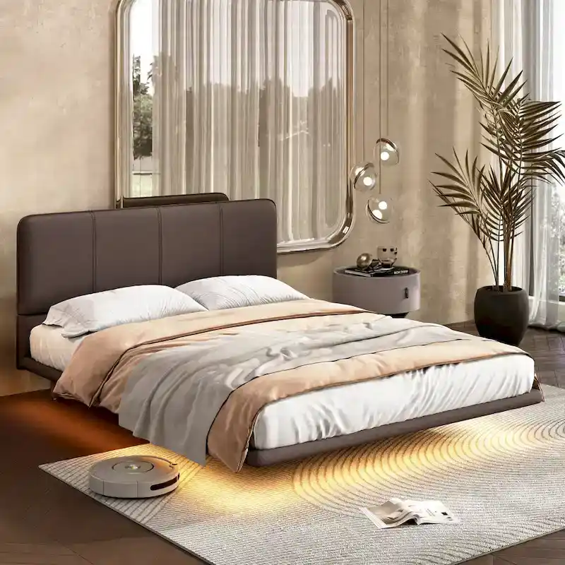 Christopher Knight Home Korli Contemporary Upholstered Leather Floating Bed Frame and Headboard Set with LED Lighting