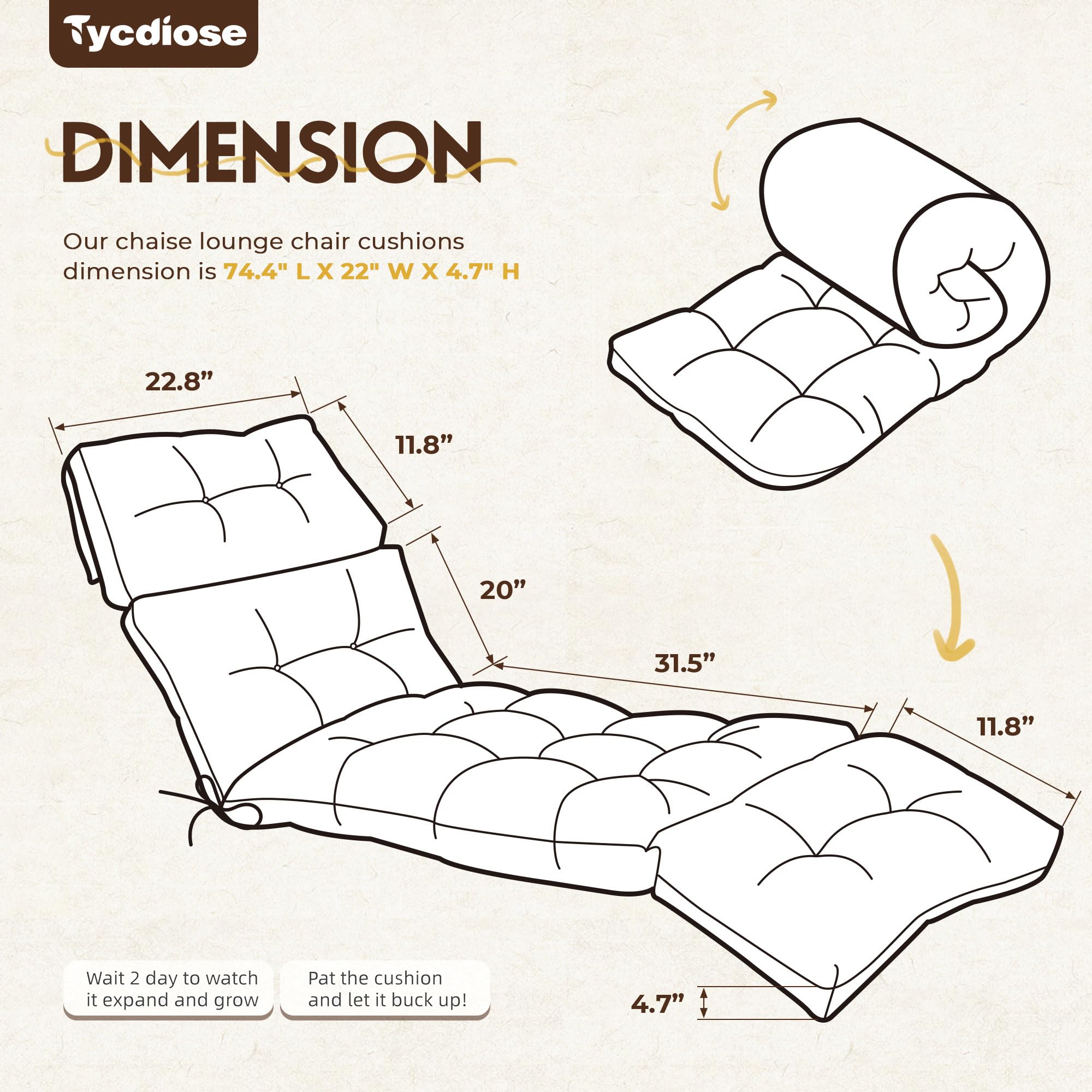 TYCDIOSE Chaise Lounge Cushions Set of 2, Waterproof Beige