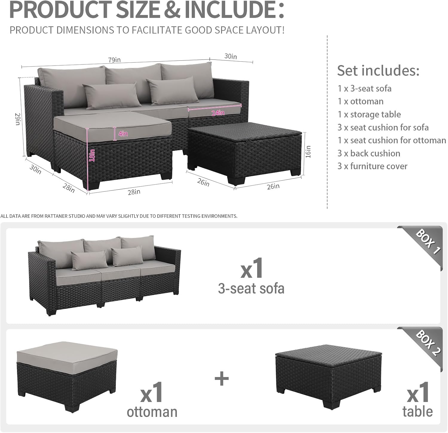 RATTANER 3-Piece Outdoor Sectional Wicker Patio Furniture Set