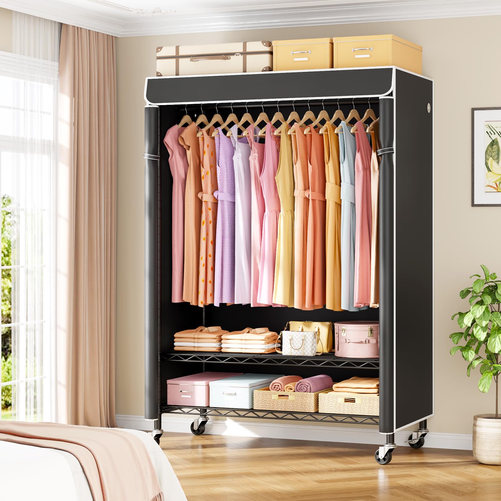 ULIFHOME P6C Plus Rolling Clothes Rack with Cover - Heavy Duty