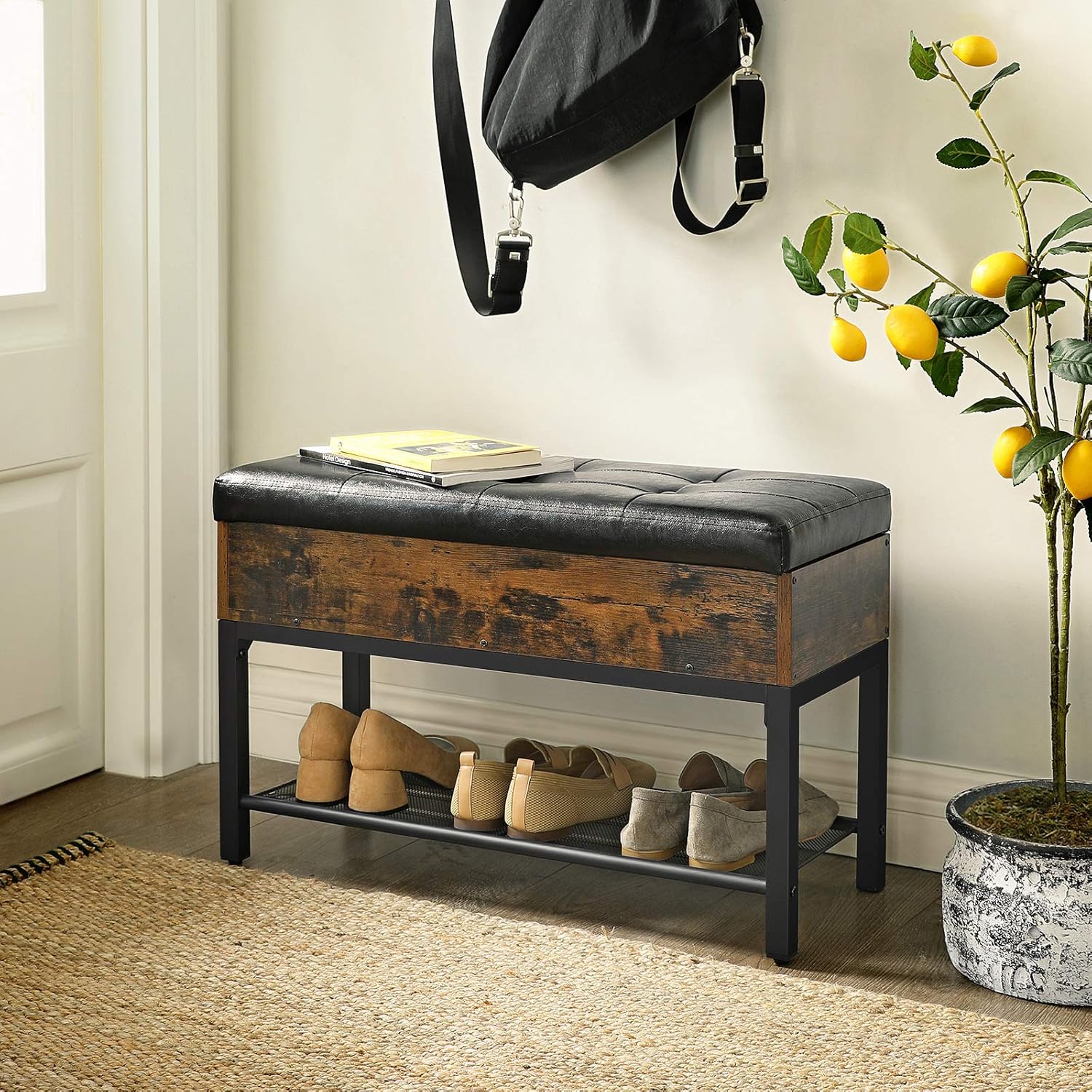 VASAGLE Shoe Bench, Storage Bench with Cupboard and 9 Open Compartments, Shoe Shelf, Padded Seat, Barn Door, 11.8 x 43.3 x 18.9 Inches, Rustic Brown ULHS058X01