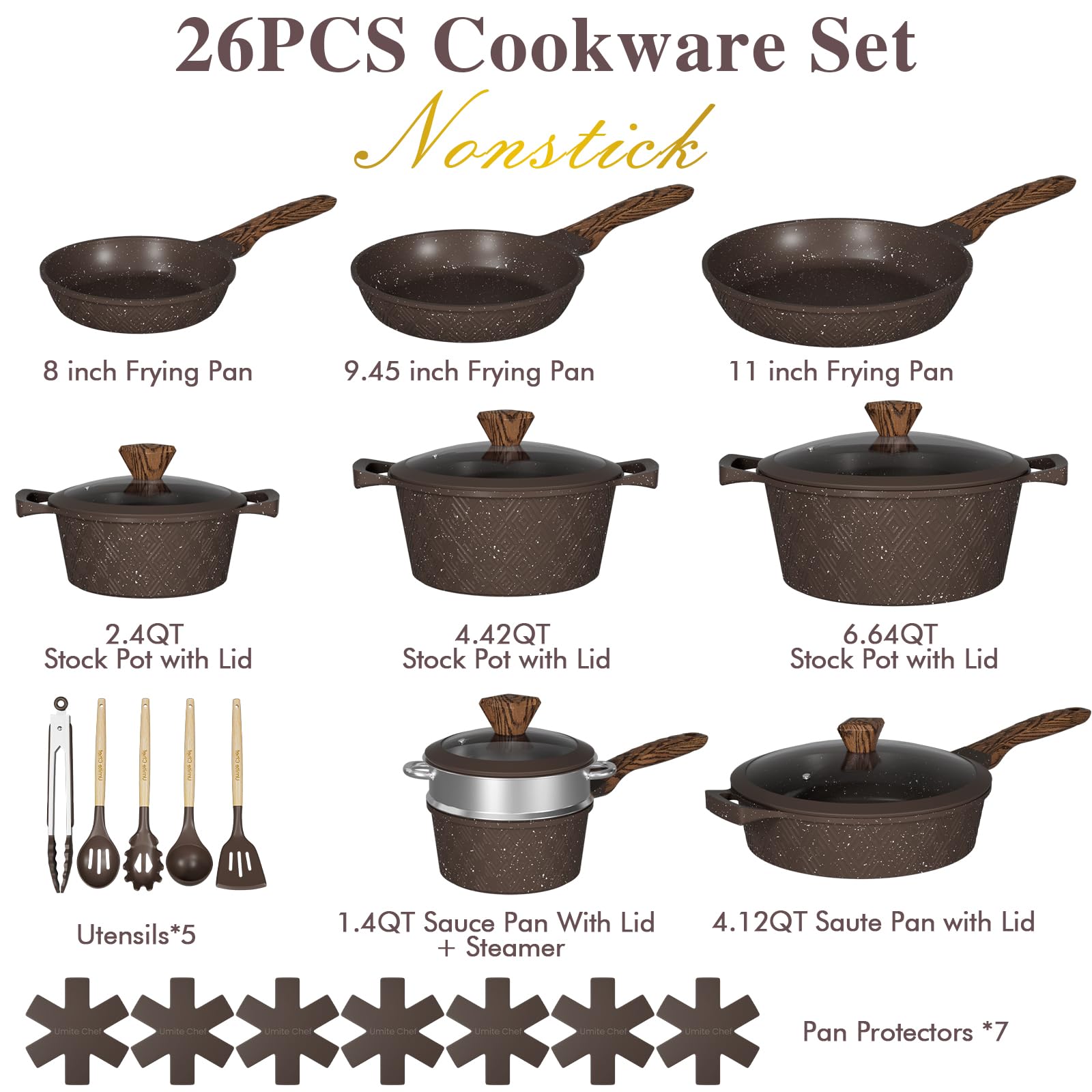 UMITE CHEF 26PCS Nonstick Pots and Pans Cookware Set