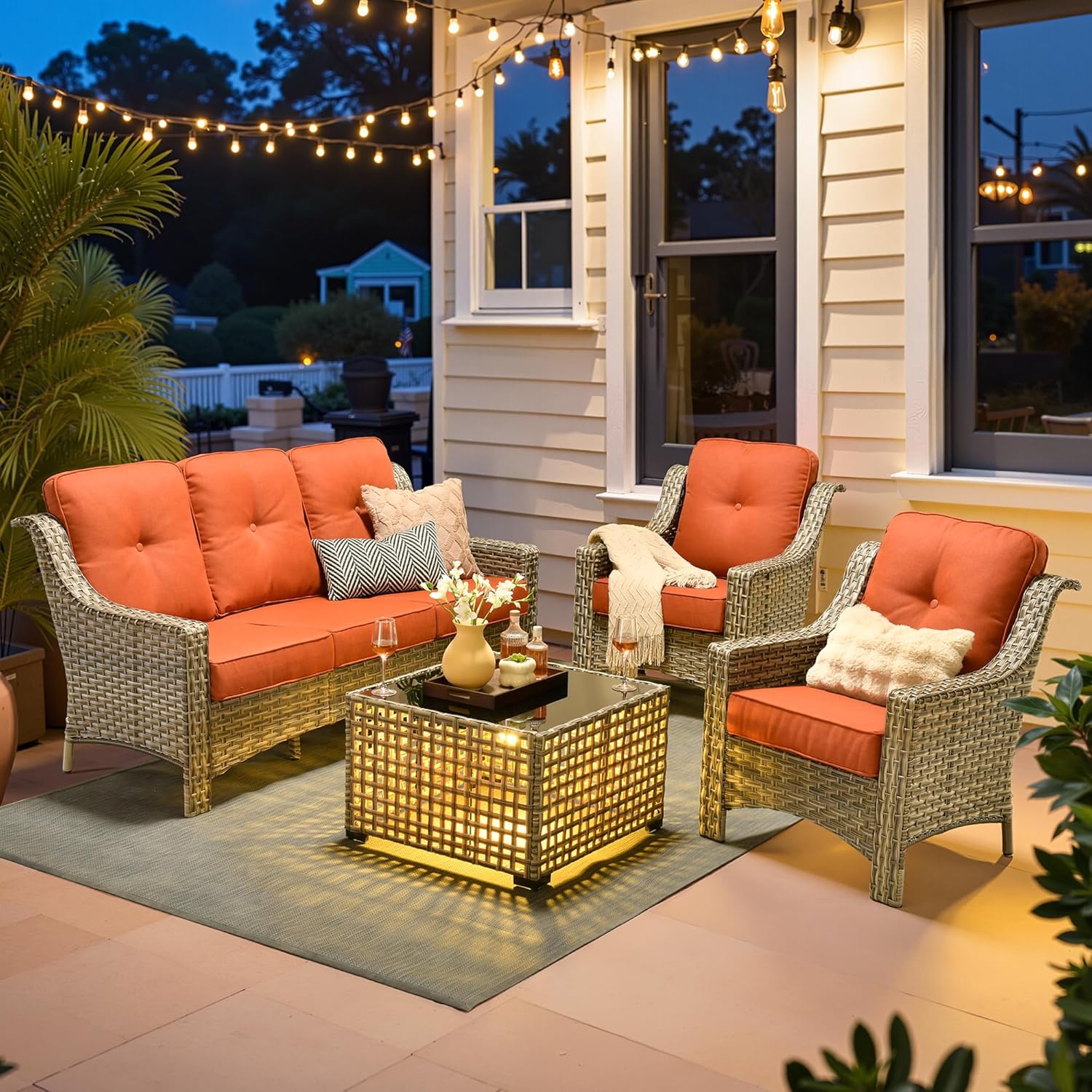 ovios 5 Piece Outdoor Patio Furniture with 3 Seat Sofa,Rattan Wicker Coversation Set with Swivel Rocking Chair,Balcony Sofa Set with Shiny Table for Outside Porch Backyard Pool,Black