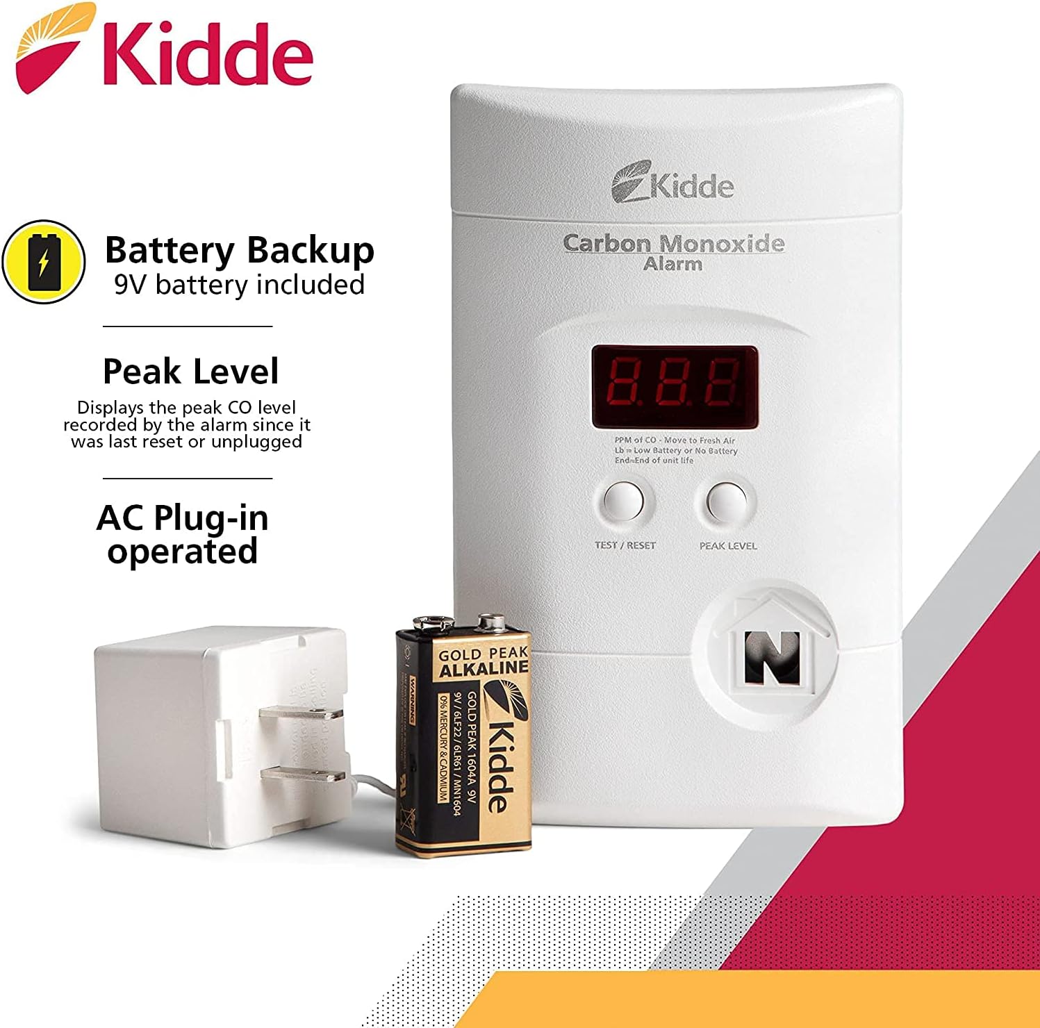 Kidde Carbon Monoxide Detector, Plug In Wall with 9-Volt Battery Backup, Digital LED Display - 6 Pack
