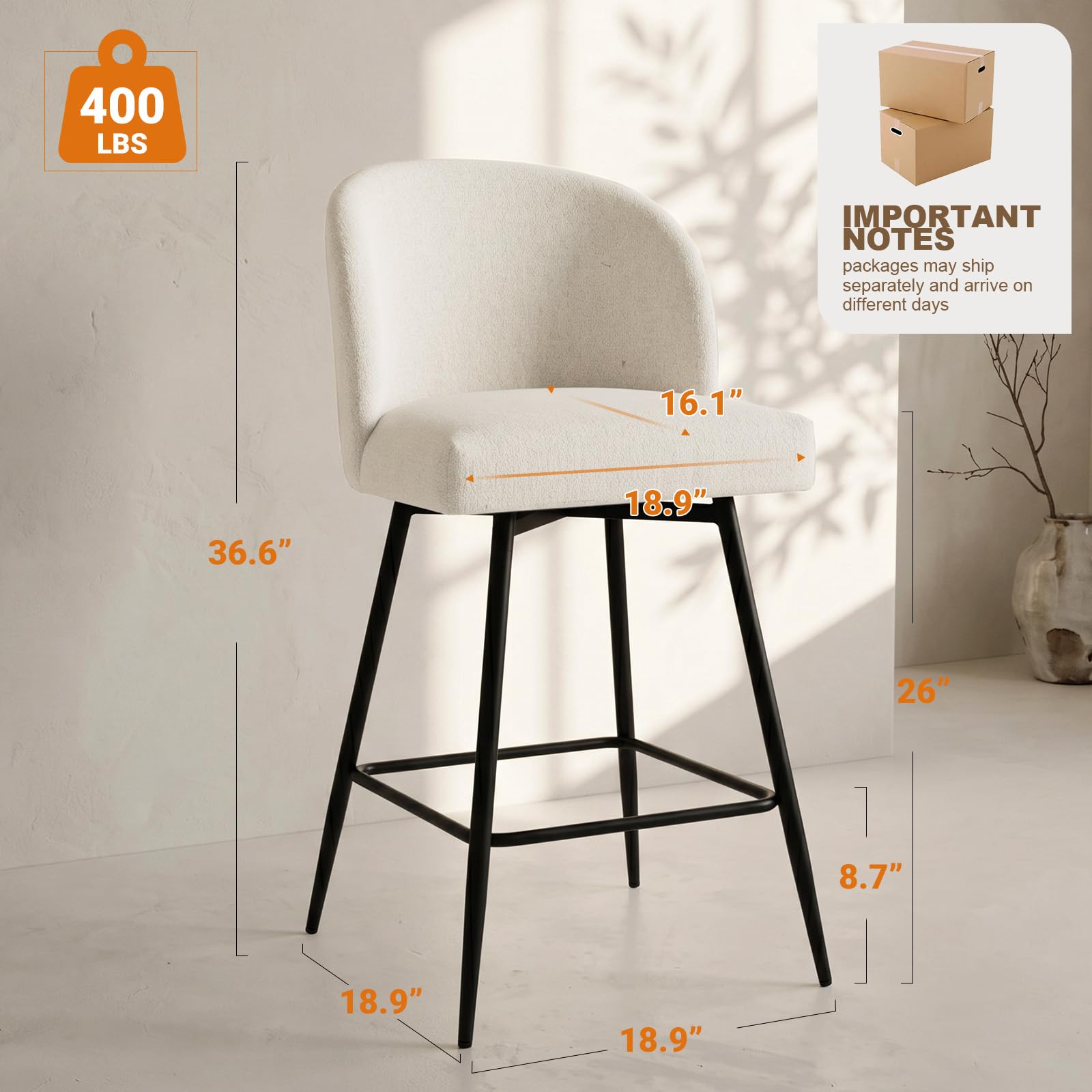 VATROS Counter Height Bar Stools Set of 2 - 360° Swivel Beige