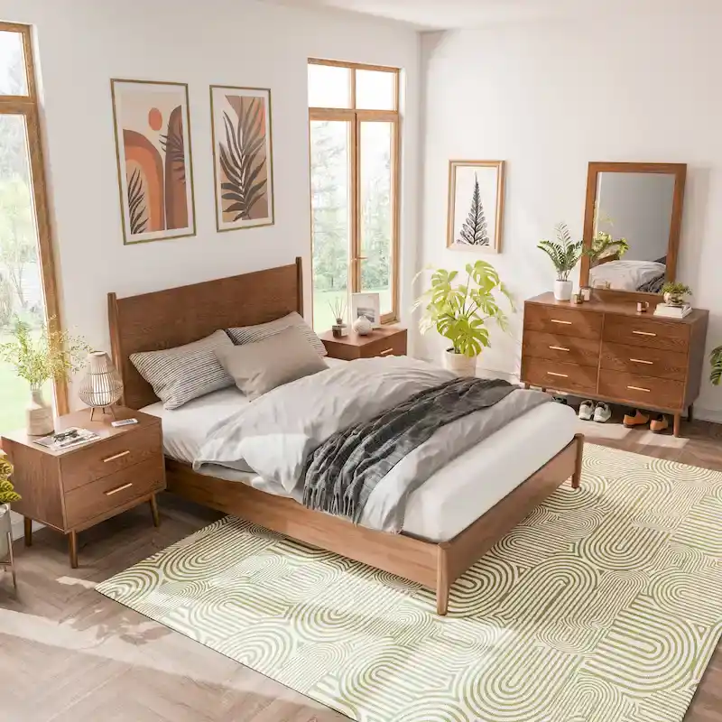 Beau Midcentury 5-Piece Queen Bedroom Set in Walnut by Furniture of America