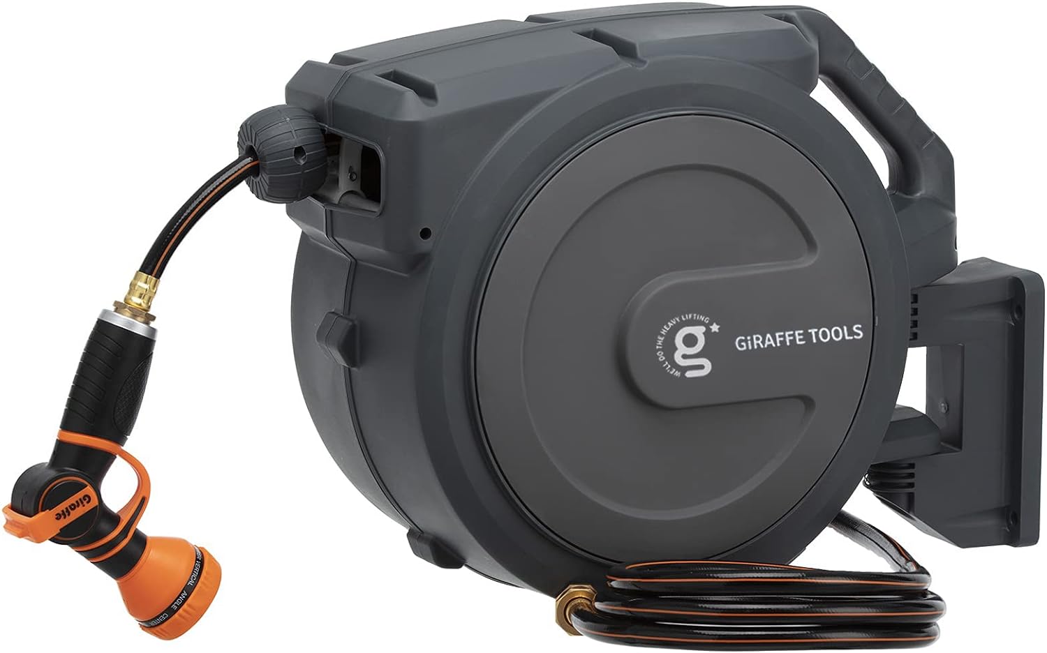 Giraffe Tools Retractable Garden Hose Reel 1/2 Inch x 155 with 5 ft Leader Hose, Heavy Duty, Any Length Lock, Slow Return System, Wall Mounted and 180 Deg Swivel Bracket