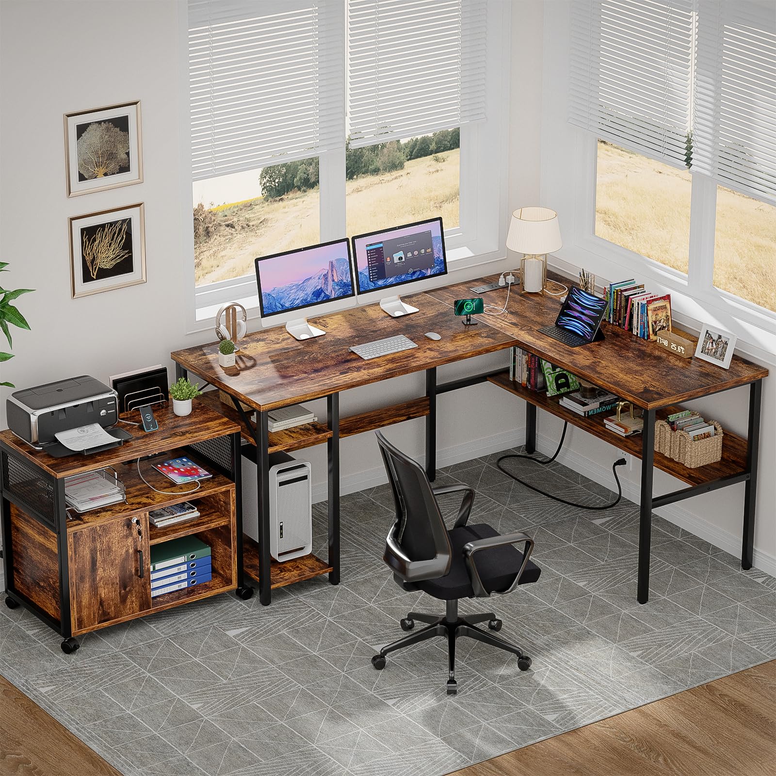 UNIKITO L Shaped Computer Desk with USB Charging and Storage