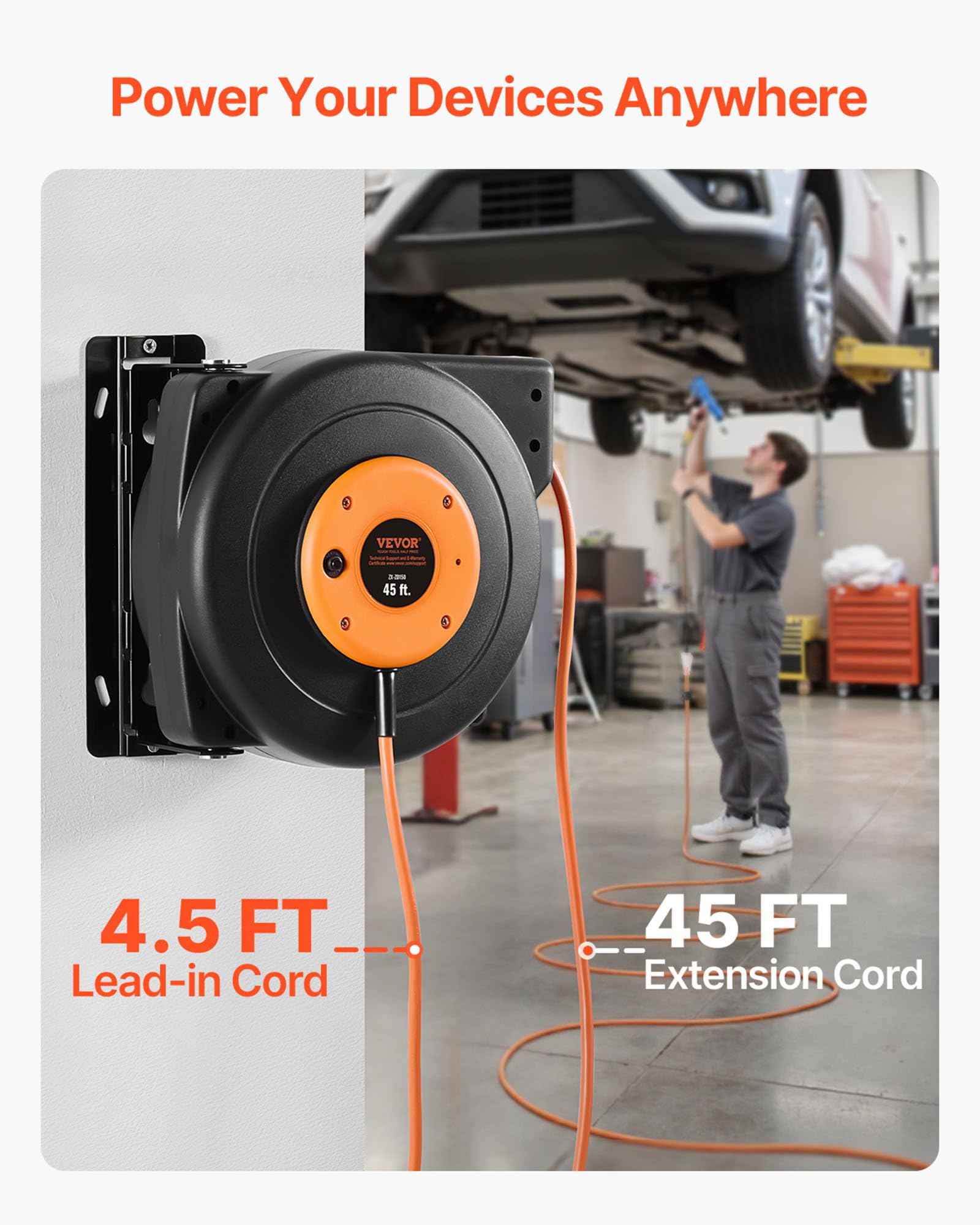 VEVOR Retractable Extension Cord Reel 45FT, 12AWG, Heavy Duty