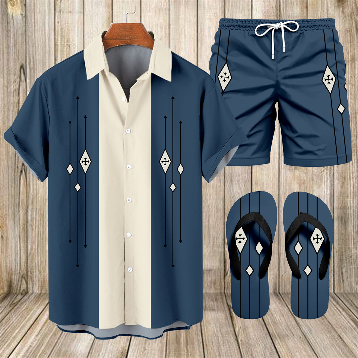 Suitmens Men's Hawaii Vacations Print Shirt Three-Piece Set 054