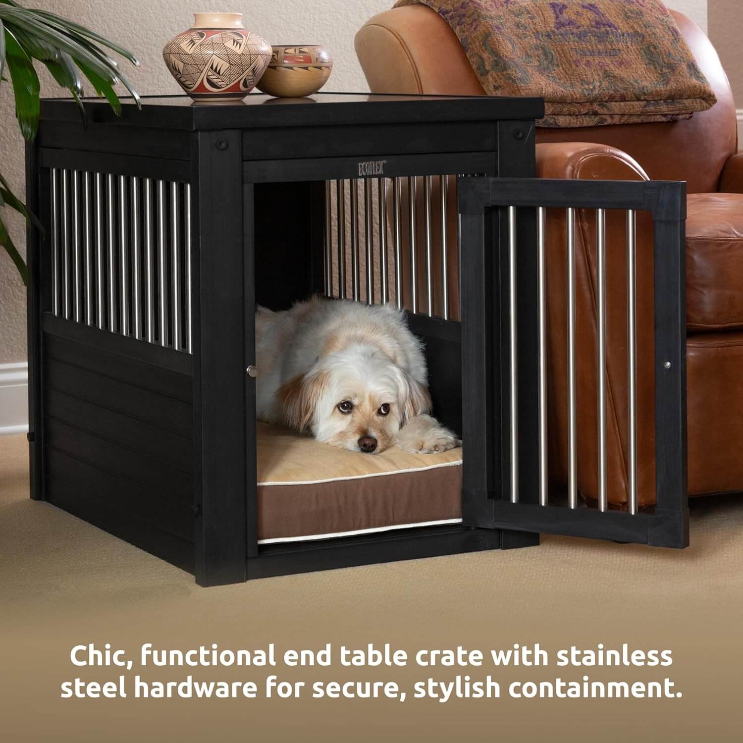 New Age Pet ECOFLEX InnPlace Dog Crate & End Table, Indoor Furniture Style Pet Kennel for Small, Medium, Large & XL Dogs, Durable Composite, Espresso Black, Large