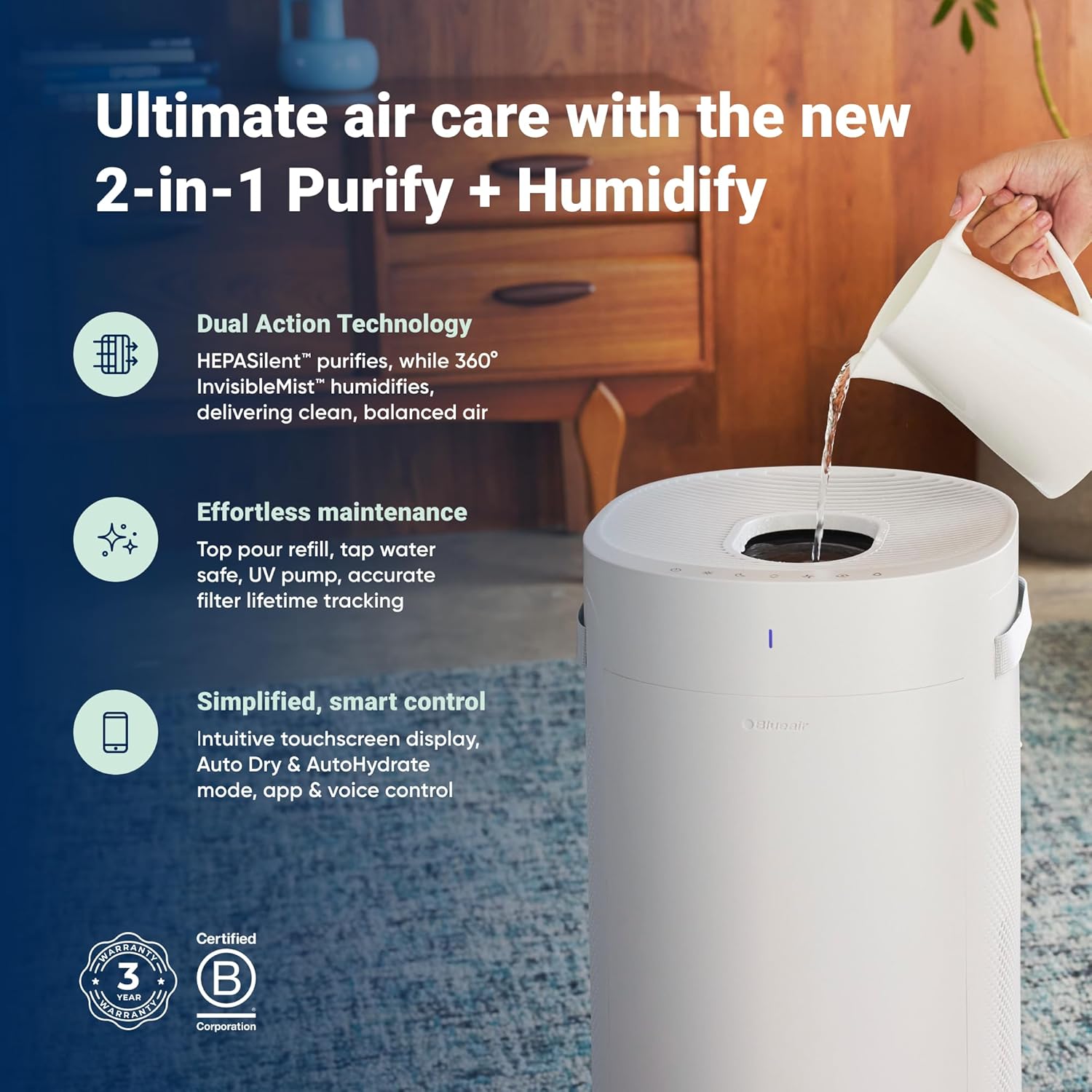 BLUEAIR Air Purifier Large Room, Air Cleaner for Dust Pet Dander Smoke Mold Pollen Bacteria Allergen, Odor Removal, for Home Bedroom Living Room, Washable Pre Filter, HEPASilent, Blue 211+ (Non-Auto)