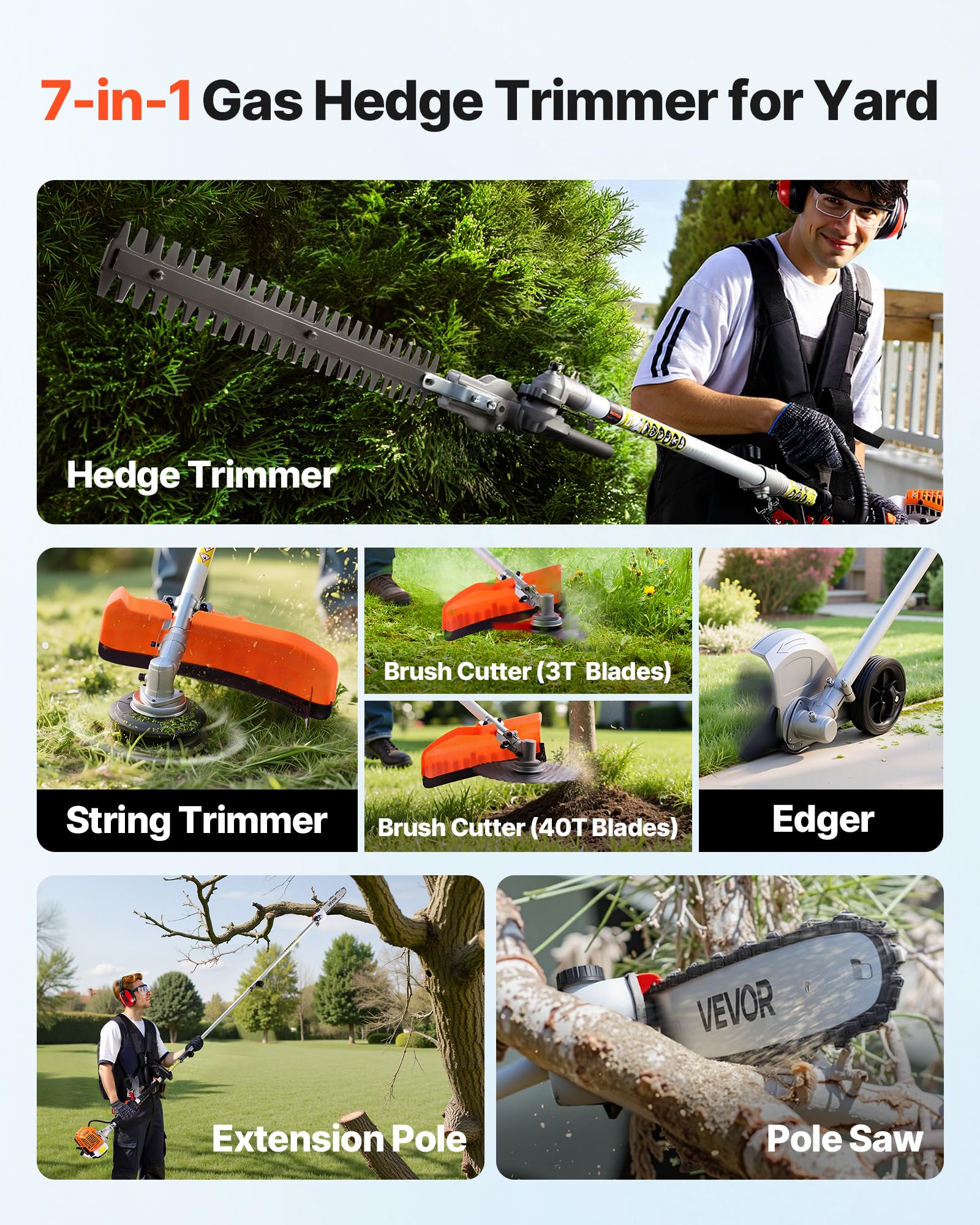 VEVOR Gas Hedge Trimmer 26cc 7-in-1 with Extension Pole