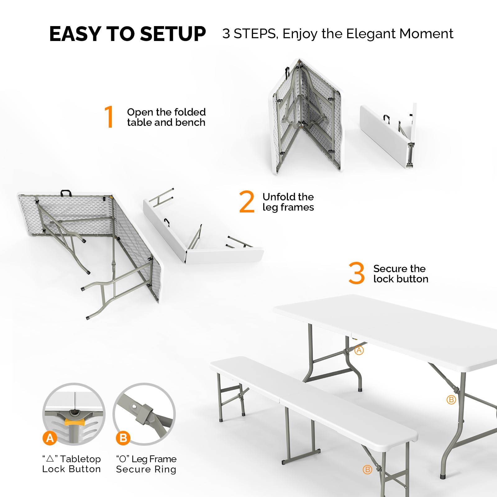 VINGLI Picnic Table Set with 2 Benches - 6 Feet Folding