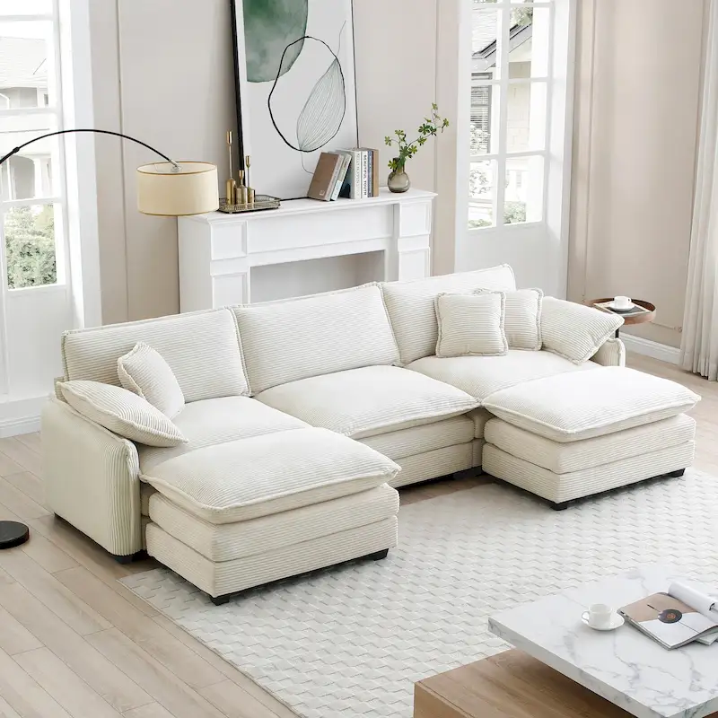 Beige 5-Piece U-Shaped Corduroy Modular Sectional Sofa Set with 2 Ottomans
