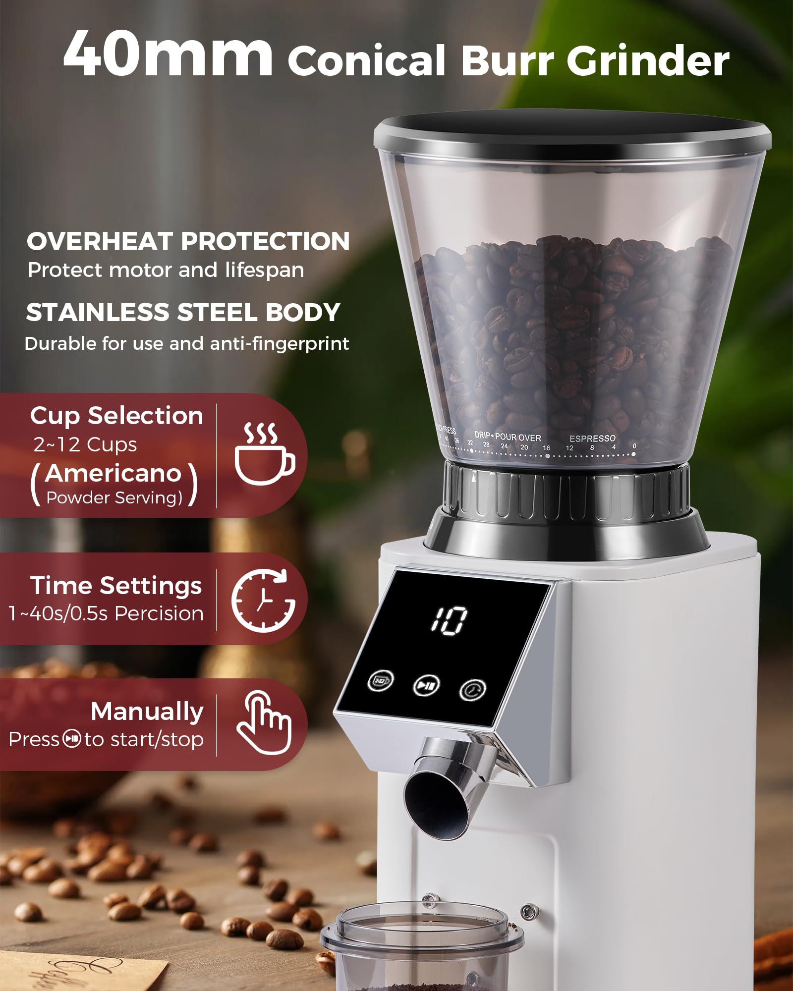 TUNI G1 Conical Burr Coffee Grinder with 48 Grind Settings