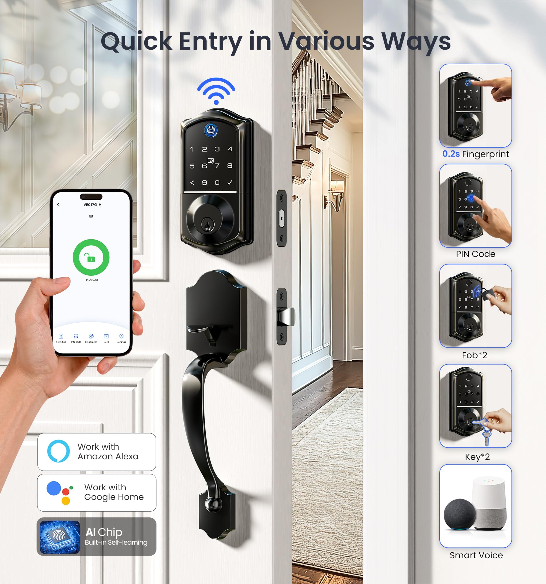 VEISE VE017G-H Smart Fingerprint Door Lock Set - Wi-Fi