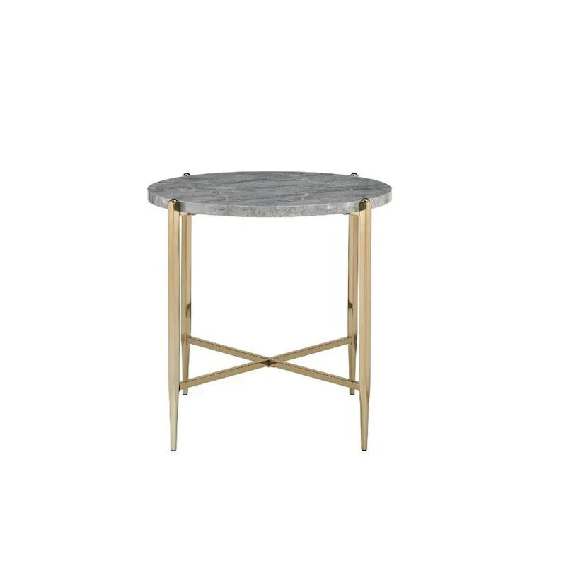 Gray and Gold End Table with Oval Marble Top and X-Shaped Base