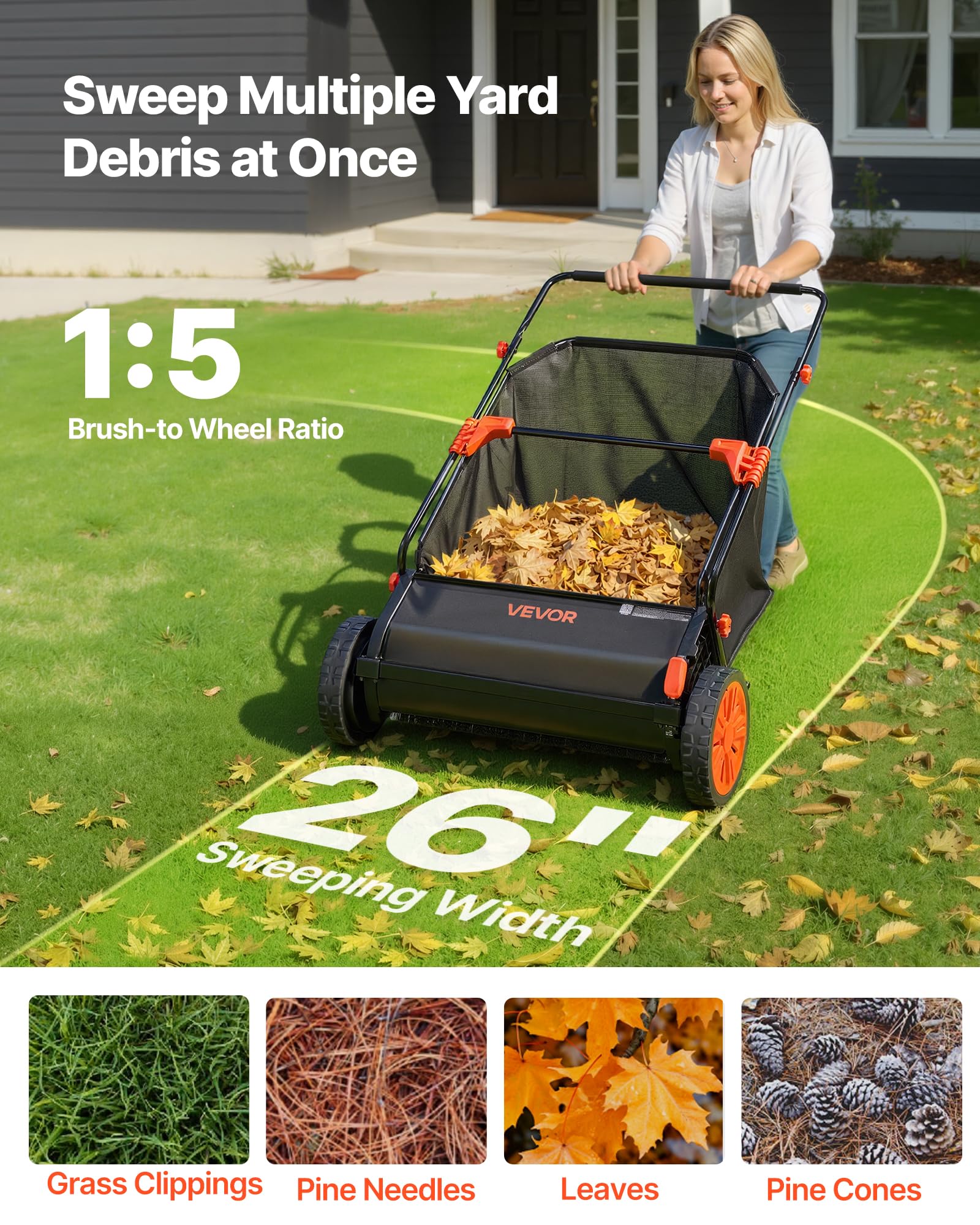 VEVOR Push Lawn Sweeper - 26 Grass & Leaf Collector